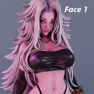 May include: A detailed figurine of a female character with long, light-colored hair and blue eyes. She wears a black strapless top, a matching thong, and arm sleeves. The figure has gold wrist cuffs and a gold choker. The text "Face 1" is visible.