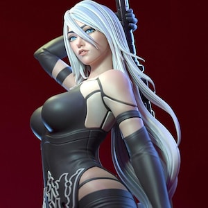 May include: A detailed 3D render of a female character with long white hair and blue eyes. She wears a black bodysuit with intricate detailing and holds a large weapon. The background is a solid red.