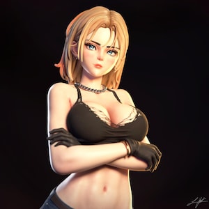 May include: A 3D rendered anime-style figure with blonde hair and blue eyes. She wears a black top, black gloves, and a silver necklace. The figure is set against a dark background.