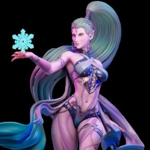 May include: A fantasy figurine of a woman with long, flowing teal hair and a matching cape. She wears a blue and gold outfit and holds a blue snowflake. The figure has a pale complexion and is set against a black background.