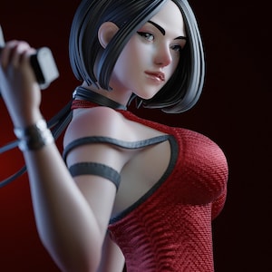 以下が含まれることがあります： 短い黒髪と赤いドレスを着た女性の3Dレンダリング画像。 ドレスはテクスチャパターンとユニークなネックラインを持っています。 女性は黒い物体を持っており、背景は濃い赤色です。