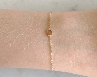 Tiny letter bracelet, 14k solid gold or sterling silver • solid gold letter initial bracelet • sideways letter bracelet • delicate initial