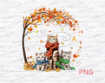 Fall Tree Cat PNG , Autumn Tree Sublimation, Watercolor Maple Leaf PNG, Fall Cat Png, Pumpkin Leaf Png, Autumn Design