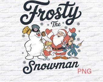 May include: A graphic featuring the text "Frosty the Snowman" with illustrations of Frosty, Santa Claus, a young girl, a magician, and a rabbit. The design includes snowflakes and is set against a white brick background.
