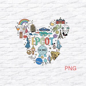 May include: A colorful illustration featuring various icons and landmarks, arranged in the shape of a Mickey Mouse head. The word "EPCOT" is prominently displayed, along with the text "EST. 1982". The design includes a rainbow, Eiffel Tower, and a rocket.