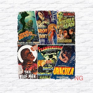 May include: A collage of vintage horror movie posters, including "Creature from the Black Lagoon," "The Mummy," and "Dracula." The posters feature classic monster imagery and bold typography, with a distressed, aged aesthetic. The overall theme is classic horror.