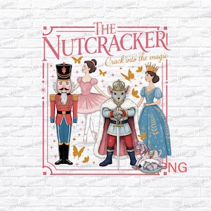 May include: A colorful illustration featuring characters from "The Nutcracker" ballet. The design includes a nutcracker soldier, a ballerina, a mouse king, and a princess, with the text "The Nutcracker" and "Crack into the magic".