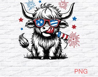 4th of July Highland Cow Png, American Highland Cow Coquette Png, Patriotic Cow Png, Memorial Day, Girly USA Flag Png, Digital Download