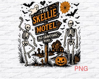 Motel Esqueleto PNG, Motel Retro Embrujado de Halloween, Esqueleto Ghostcore espeluznante PNG, Halloween Vintage Divertido PNG, Halloween Moderno PNG