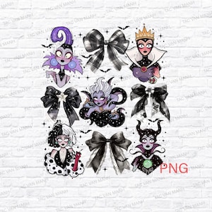 May include: A collection of nine illustrations featuring various Disney villain characters, including Ursula, Maleficent, and the Evil Queen. Each character is depicted in a unique style, with bats and bows. The background is a white brick wall.