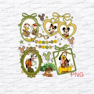 May include: Digital graphic featuring Disney characters Donald Duck, Mickey Mouse, Goofy, and Pluto in safari attire. The design includes frames, heart shapes, and the text "Let's Get Wild". Decorative elements include stars and animal print accents.