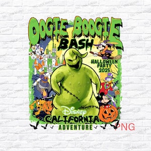 Può includere: Una grafica colorata con la scritta "Oogie Boogie Bash" in verde, e un personaggio verde di Oogie Boogie. Sono presenti anche personaggi Disney come Topolino, Paperino e Paperina. È incluso il testo "Halloween Party 2025".