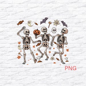 May include: A Halloween-themed illustration featuring three dancing skeletons. The skeletons are surrounded by Halloween icons like pumpkins, ghosts, bats, candy, and spiderwebs. The image has a white background with the text "PNG".