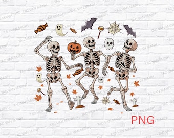 Dancing Skeleton Halloween PNG, Retro Holiday Pumpkin Digital  Download