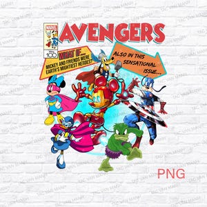 Może przedstawiać: Kolorowa ilustracja w stylu komiksu z postaciami Disneya jako Avengers. Obraz zawiera Myszkę Miki jako Iron Mana, Minnie, Kaczora Donalda i Goofy'ego. Tekst zawiera "Avengers", "What If" i "Also in this Sensational Issue..."