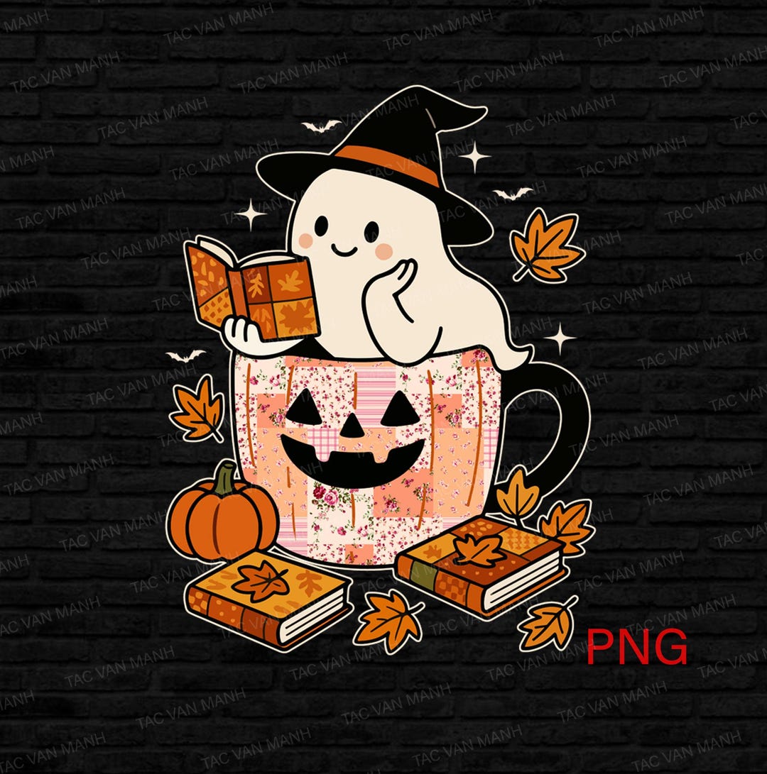 Cute Ghost Reading Book Halloween Png, Autumn Ghost Coffee Halloween ...