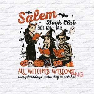 Witchy Book Club PNG, Spooky Girl Reading Png, Book Lover Halloween Design, Witches Salem Png, Salem, Massachusetts Halloween Design