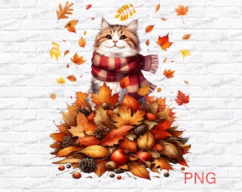 May include: A digital illustration of a tabby cat wearing a red and white plaid scarf, sitting atop a pile of autumn leaves. The leaves are in shades of orange, brown, and yellow, with scattered leaves falling around the cat. The background is a white brick wall.
