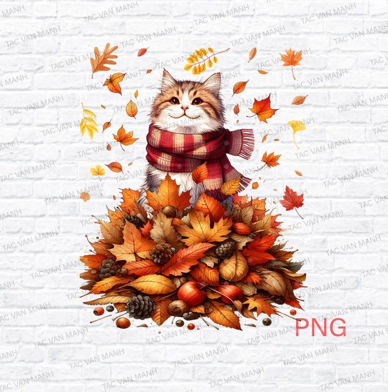 K&ouml;nnte beinhalten: Digitale Illustration einer getigerten Katze mit einem rot-wei&szlig; karierten Schal, die auf einem Haufen Herbstbl&auml;tter sitzt. Die Bl&auml;tter sind in verschiedenen Orange-, Braun- und Gelbt&ouml;nen gehalten, mit fallenden Bl&auml;ttern um die Katze herum. Der Hintergrund ist eine wei&szlig;e Backsteinmauer.