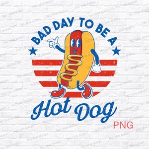 Pode incluir: Ilustração retrô de um cachorro-quente com braços e pernas, sorrindo e apontando. O texto diz "BAD DAY TO BE A Hot Dog" em azul, com um fundo listrado vermelho e branco e duas estrelas azuis. A imagem tem um estilo vintage.