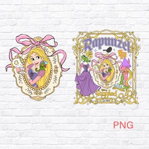 May include: Two framed illustrations featuring the Disney character Rapunzel from the movie Tangled. The first image shows Rapunzel holding a teacup with a green chameleon. The second image has the word "Rapunzel" and "Tangled" with additional graphics.