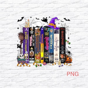 May include: A Halloween-themed design featuring a stack of VHS tapes of classic movies like "Hocus Pocus" and "Beetlejuice." The image includes a witch's hat, bats, spiderwebs, and candy corn, creating a festive and spooky atmosphere.