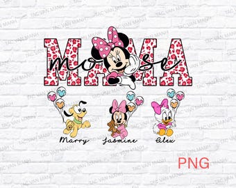 May include: A graphic design with the word "MAMA" in a leopard print font, with Minnie Mouse in the center. Below, three cartoon characters hold balloons with names: Marry, Jasmine, and Alex. The image is set against a white brick wall.