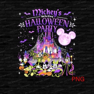 以下が含まれることがあります： 「Mickey's Not So Scary Halloween Party」のテキストと、ハロウィーンの衣装を着たお城とディズニーのキャラクターが描かれたグラフィックデザイン。 コウモリ、星、ミッキーマウスの形をした月が含まれています。