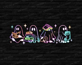Ghost Book Cat Colorful Neon PNG, Neon Halloween Png, Neon Boo Ghost Pumpkin Bookish Png, Ghost reader  Neon Spooky Ghost Png