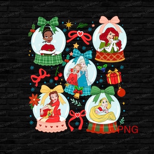 May include: A digital illustration featuring six snow globes with Disney princesses. Each globe has a princess in a festive outfit. The image includes bows, berries, and the text "PNG". The background is black.