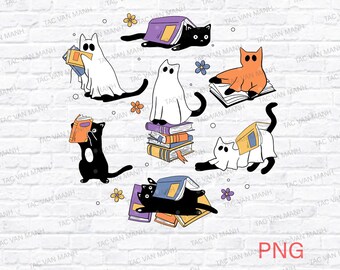 Gato fantasma lindo PNG, libro de lectura PNG, Halloween retro PNG, fantasma de libros, fantasma de libros PNG, gato negro y libro PNG,