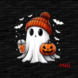 Cute Ghost Png, Halloween Ghost with Pumpkin Png, Fall Ghost Png, Pumpkin Coffee Sublimation, Spooky Halloween Png, Fall Design Png
