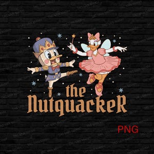 May include: A whimsical illustration featuring two cartoon characters in ballet poses. One is a nutcracker-themed figure in a blue uniform, and the other is a ballerina duck in a pink tutu. The text "the Nutquacker" is below them.