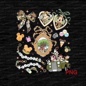 May include: A collection of Disney-themed graphics featuring Mickey and Minnie Mouse, safari-themed elements, and the text "Animal Kingdom." Includes a bow, heart-shaped frames, a jeep, and various icons.