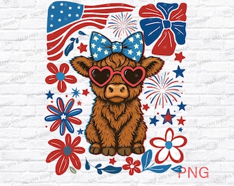 4th of July Highland Cow Png, American Highland Cow Coquette Png, Girly USA Flag PNG, Independence Day Png, Memorial Day Png