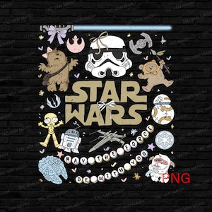 Puede incluir: Una ilustraci&oacute;n en blanco y negro de personajes de Star Wars con el texto "Star Wars" y "Que la Fuerza te acompa&ntilde;e". La ilustraci&oacute;n incluye personajes como Darth Vader, Chewbacca, R2-D2 y un caza TIE.