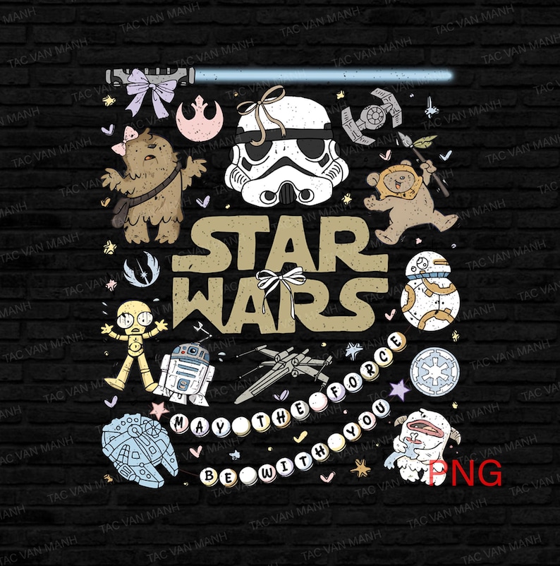 Puede incluir: Una ilustraci&oacute;n en blanco y negro de personajes de Star Wars con el texto "Star Wars" y "Que la Fuerza te acompa&ntilde;e". La ilustraci&oacute;n incluye personajes como Darth Vader, Chewbacca, R2-D2 y un caza TIE.