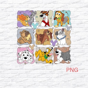 May include: A grid of nine cartoon dog characters in individual squares. The dogs include Lady and Tramp, a fox-like dog, Slinky Dog, a bulldog, a brown dog, a dog with a blue collar, a Dalmatian, Pluto, and a fluffy dog. Each square has a Disney-themed background.