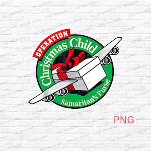 May include: A graphic for Operation Christmas Child. The design features a white gift box with a red ribbon, set on a stylized airplane, within a green circle. The text includes "Operation Christmas Child" and "Samaritan's Purse."