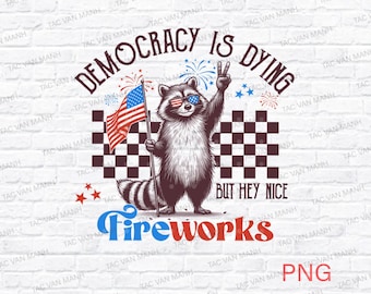 Democracy Is Dying Fourth of July Protest PNG, 4th Of July , Political Retro, But Hey Nice Fireworks Png, Raccoon png, Sarcastic Png