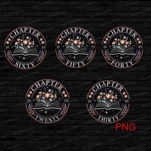 May include: A set of circular designs with the word "CHAPTER" at the top, featuring an open book with flowers. Each design has a different number, such as "SIXTY" or "FIFTY", and a year. The background is a dark brick pattern.
