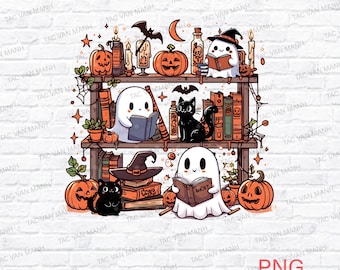 Ghost Reading Book Png, Ghost Books Halloween Png, Teacher Halloween Png, Book Lover Png, Black Cat And Book Png Halloween Library Png