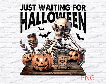 ハロウィンを待つPNG画像、面白いスケルトンのハロウィンPNG画像、秋の雰囲気PNG画像、カボチャPNG画像、ビンテージスケルトンのコーヒークリップアート、不気味な季節