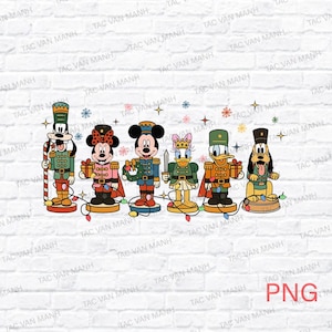 May include: A digital illustration of Disney characters as nutcrackers. Goofy, Minnie Mouse, Mickey Mouse, Daisy Duck, Donald Duck, and Pluto are depicted in festive uniforms with Christmas lights and snowflakes.