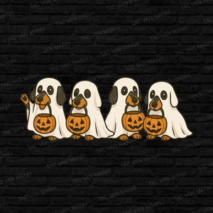 May include: A Halloween-themed illustration featuring four dachshund dogs dressed as ghosts. Each dog is wearing a white sheet and holding an orange jack-o'-lantern bucket. The background is a black brick wall.
