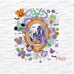 Könnte beinhalten: Ein skurriles Halloween-Design mit einem Schloss in einem verzierten Rahmen, umgeben von Mickey-Mouse-Elementen wie Kürbissen, Schleifen und Charakterköpfen. Die Farbpalette umfasst Orange, Lila und Grün.