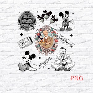 May include: A collection of Disney-themed graphics, including Mickey Mouse, balloons, a park ticket, and a portrait of Walt Disney. The graphics are in black, white, and red, with text that reads "Mickey Mouse" and "Park Ticket."