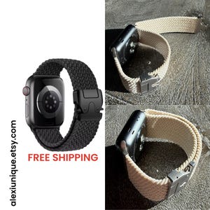 Puede incluir: Correas tejidas negras y beige para Apple Watch. La correa negra está sujeta a una esfera de reloj negra con un cierre negro. La correa beige está sujeta a una esfera de reloj negra con un cierre plateado. El texto "alexiunique.etsy.com" es visible.
