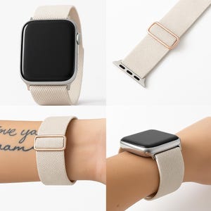 Puede incluir: Correa de reloj Apple Watch color crema con esfera plateada. La correa está hecha de tela texturizada y presenta una hebilla de oro rosa. El reloj se muestra en múltiples vistas, incluso en una muñeca.