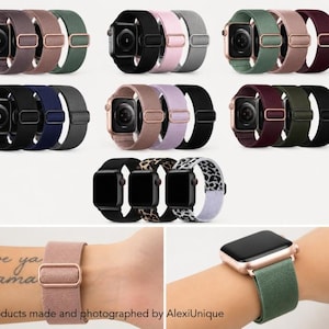 May include: A collection of Apple Watch bands in various colors, including black, pink, green, and leopard print. The bands are shown on the watch face and on a wrist. The bands are made of a stretchy material and have a metal buckle.